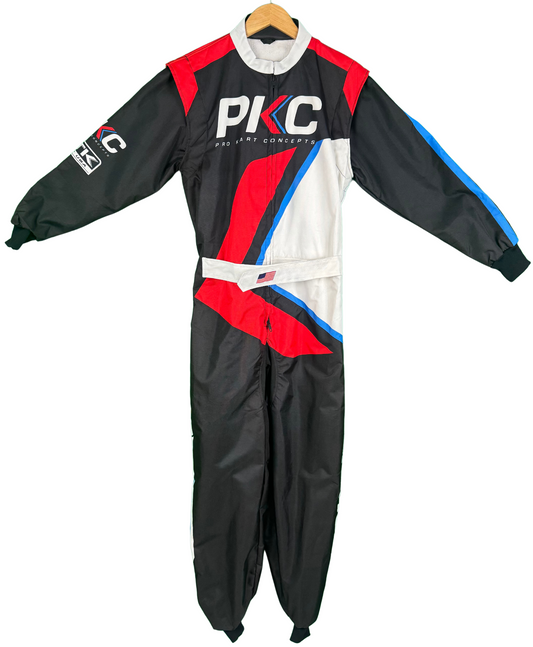 Front of a 2025 PKC Custom Sublimated Karting Suit.